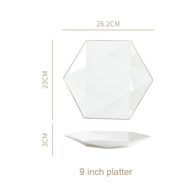 Nordic Minimalist Hexagonal Rhombus Drawing Gold Edge Ceramic Plate