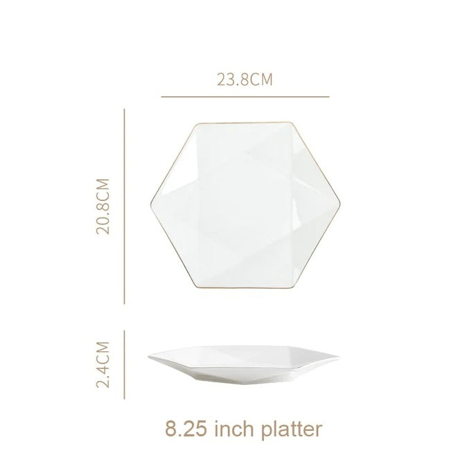 Nordic Minimalist Hexagonal Rhombus Drawing Gold Edge Ceramic Plate