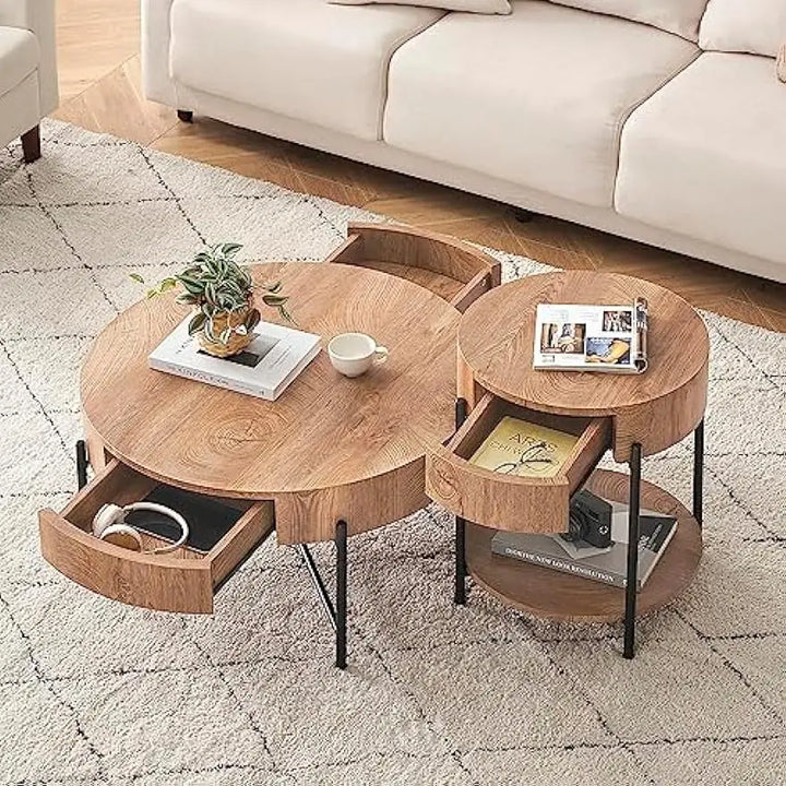 IDEALHOUSE Round Coffee Table Living Room Wood Center Table with Two Drawers Farmhouse Coffee Table Rustic Circle Cocktail