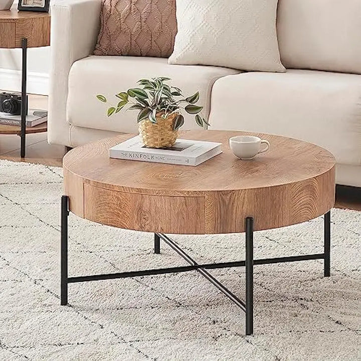 IDEALHOUSE Round Coffee Table Living Room Wood Center Table with Two Drawers Farmhouse Coffee Table Rustic Circle Cocktail