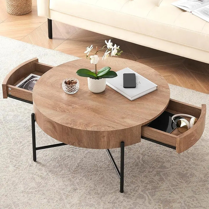 IDEALHOUSE Round Coffee Table Living Room Wood Center Table with Two Drawers Farmhouse Coffee Table Rustic Circle Cocktail