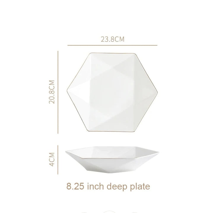 Nordic Minimalist Hexagonal Rhombus Drawing Gold Edge Ceramic Plate